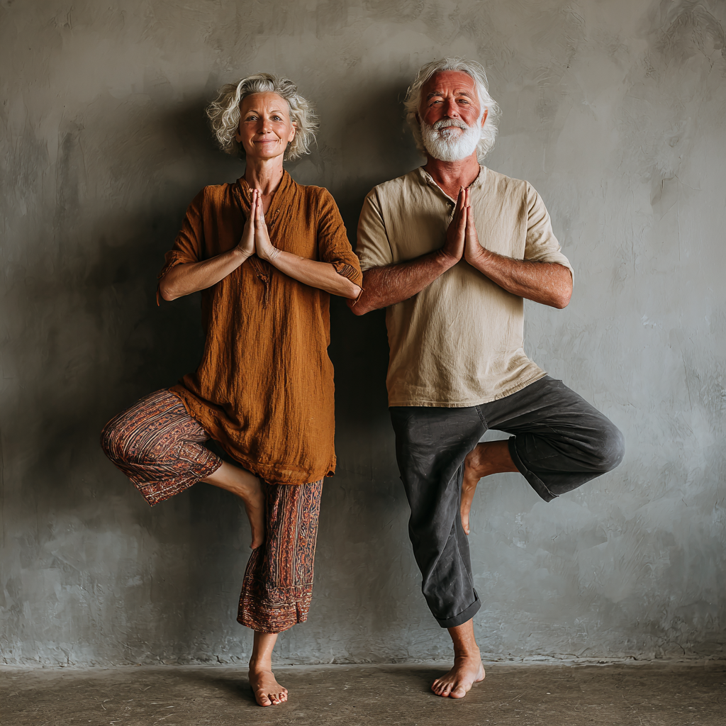 Група літніх людей займається йогою на природі